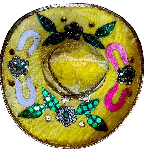 MEXICO MINI SOMBRERO MARIACHI HAT YELLOW VELVET w/  SEQUINS 9” Great for a dog - Picture 2 of 5